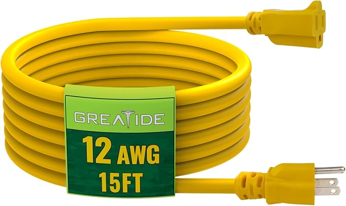 15 Ft Outdoor Extension Cord - 12/3 SJTW Heavy Duty Yellow Extension Cable with 3 Prong Grounded Plug - Power Cord for Lawn, Garden, Appliances