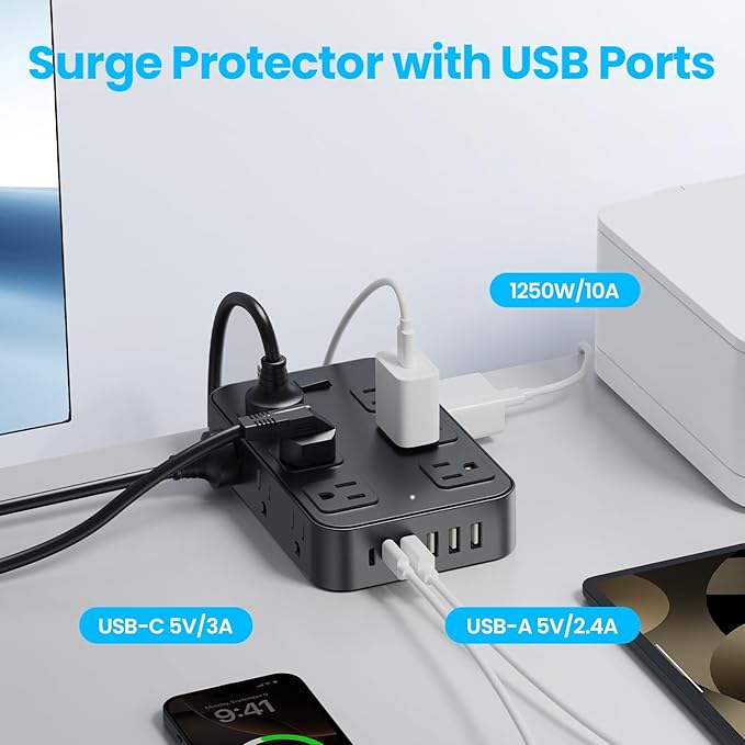 Flat Plug Power Strip Surge Protector with 12 AC Outlets 6 USB Ports 3 Side Multi Plug Outlet Extender 10 Ft Extension Cord for Home Office Kitchen Dorm Wall Desk Charging Station ETL Listed