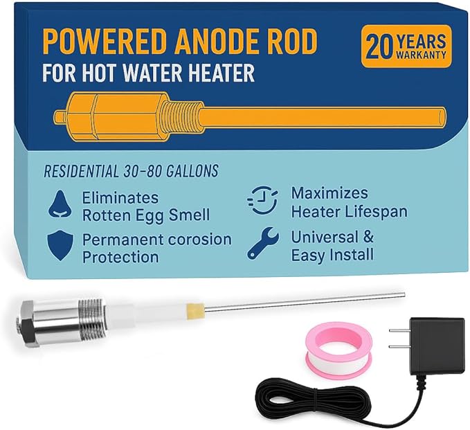 Podoy Powered Anode Rod for Hot Water Heater, Stops Corrosion and Eliminates Rotten Egg Smell for 30-80 Gallon Water Tank Except Bradford White, Titanium Electric Anode Rod Replacement Universal 9.4"