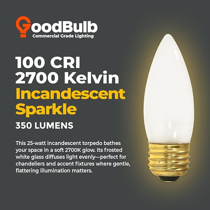 GoodBulb 25-Watt Incandescent Torpedo Light Bulbs B10 Frosted Finish Medium E26 Base 2700K Warm White Color Dimmable 175 Lumens Pack of 12 Bulbs