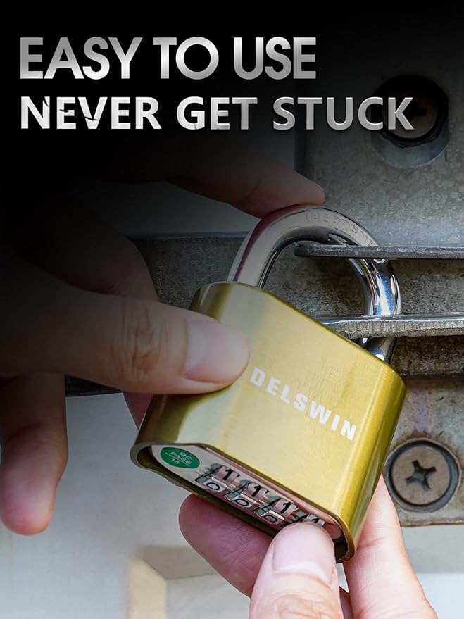 DELSWIN 4-Digit Combination Lock Outdoor Padlock - Heavy Duty Locker Lock with Hardened Steel Shackle, Waterproof Combo Lock for Gym Locker, Hasp Storage, Shed, Fence, Gate (Brass,2Pcs)