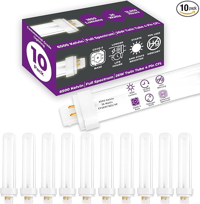 GoodBulb 26 Watt CFL Light Bulbs 4 Pin G24Q-3 Base 6500K Full Spectrum 26W High Output 1800 Lumens Double Tube Compact Fluorescent Light Bulbs Plug-in 10 Pack