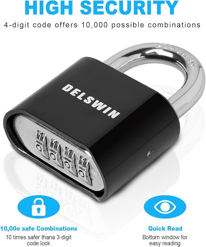 DELSWIN 4-Digit Combination Lock Outdoor Padlock - Heavy Duty Locker Lock with Hardened Steel Shackle, Waterproof Combo Lock for Gym Locker, Hasp Storage, Shed, Fence, Gate (Black,1Pcs)