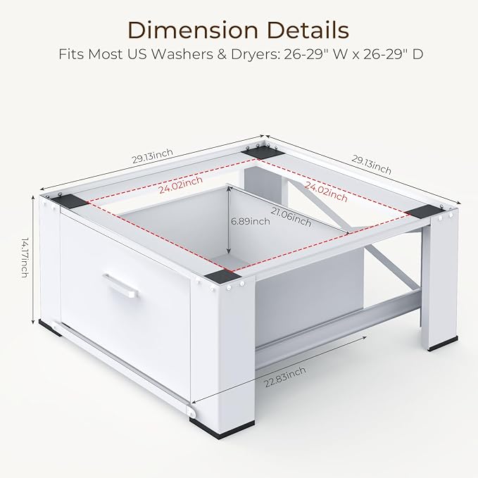 SKM 2-Pack 29" Washer & Dryer Pedestal Stand with Storage Drawer | Heavy-Duty Steel, 700LB Capacity | 14.3" Ergonomic Height, White