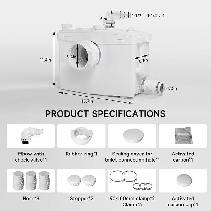 800W Macerator Pump, Up to 36 ft, High Efficiency Sewerage Pump with 2 Outlets/4 Inlets for Macerating Toilet,Sink, Shower, Basement, High Power Copper Motor
