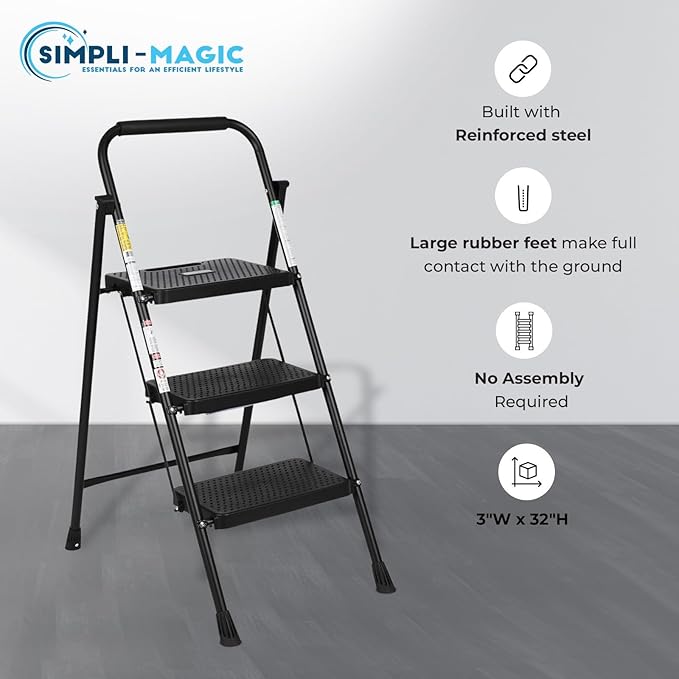 SIMPLI-MAGIC 3-Step Ladder, 800 LBS Capacity Folding Step Stool – Anti-Slip Wide Steps & Handgrip – ANSI Certified Lightweight & Durable Steel Stepping Stool for Kitchen, Home, Office & Garage