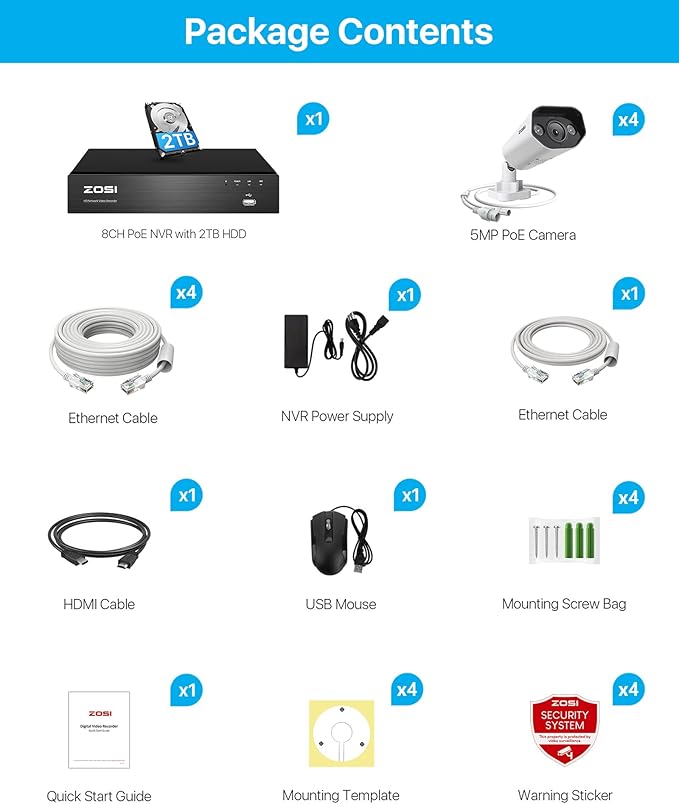 ZOSI 4K 8CH Spotlight PoE Security Camera System with 2TB HDD,4pcs 5MP Outdoor PoE IP Cameras,Smart Human Detection,2 Way Audio,Color Night Vision,8 Ports 16CH 8MP NVR for Home 24/7 Recording