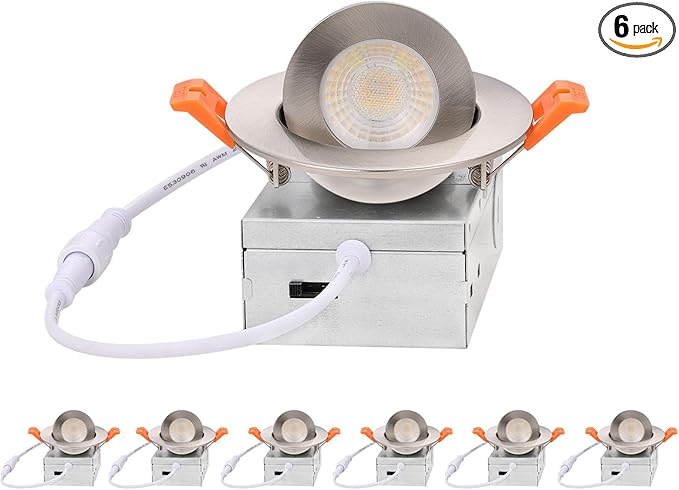 ZYC Gimbal LED Recessed Lighting - 3 Inch 5CCT 7W 360° Rotation Adjustable Eyeball Light,LED Swivel Spotlight,Directional Sloped Ceiling Light,Dimmable Wafer Downlight Pack of 6 Brushed Nickel.