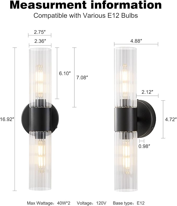 Bathroom Light Fixtures 2-Light, Modern Vanity Light for Bathroom, Wall Sconce, Bath Light with Glass Rods Shades for Mirror Bedroom Hallway (Black)