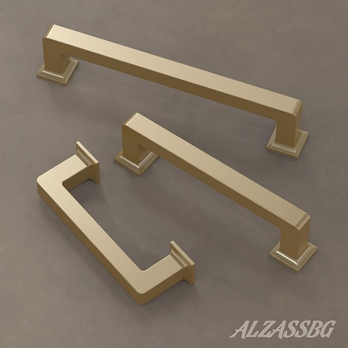 Alzassbg 10 Pack Brushed Gold Cabinet Pulls, 5 Inch(128mm) Hole Centers Cabinet Handles Square Kitchen Hardware for Cabinets AL3046BG
