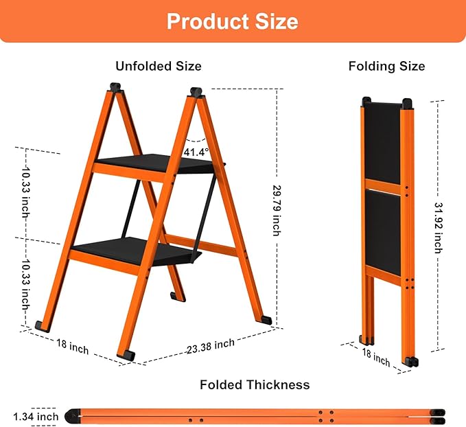 2 Step Ladder,Aluminum Ultra Thin Folding Step Stool,400 Lbs Capacity Heavy Duty with Anti-Slip Sturdy and Wide Tread,Closet Slim Step for Home,Kitchen and Office,Space Saving (Orange, 2-Step)