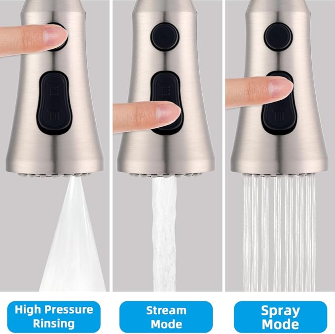 Hibbent Pull Down Kitchen Faucet Head Replacement, 3-Function NSF/ANSI/CAN 61 & CUPC Certified Sink Spray Nozzle, 15 Adapters, Compatible with Moen, Delta, Kohler Faucets, Brushed Nickel