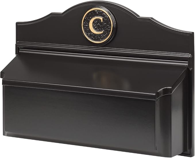 Whitehall Custom Wall Mount Mailbox Package - Mail Box with Monogram, Sand Cast Aluminum, Classic Design Black Personalized in Goldtone