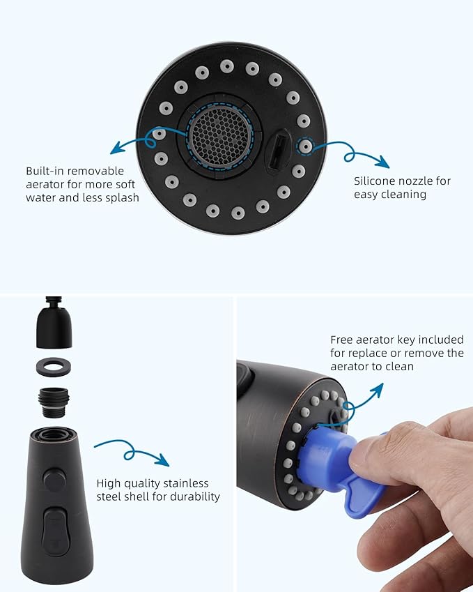 Hibbent Stainless Steel Pull Down Spray Head Replacement with 15 Adapters, NSF/ANSI/CAN 61 & CUPC Certified 3-Function Kitchen Faucet Nozzle Compatible with Moen, Delta, Kohler, Oil-Rubbed Bronze