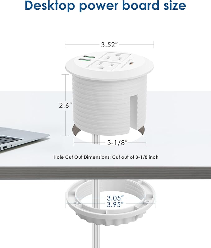 3-inch Desktop Power Grommet,Max 65W USB C Charger,2 Outlets and 3 USB, High-Speed Charging Station, Flush Mount Desk Hole Round Power Outlet, Recessed Power Strip,6ft Cord Flat Plug