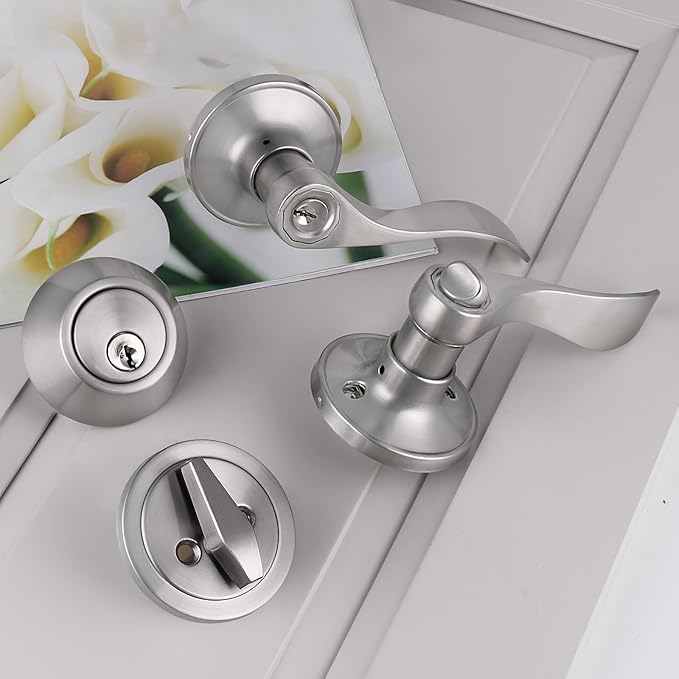 Gobrico Keyed-Alike Entry Door Lever and Deadbolt Locksets (Single Cylinder Deadbolt Keyed One Side) Satin Nickel Same Key Front Exterior Door Lockset with Knob and Deadbolt, Set of 4