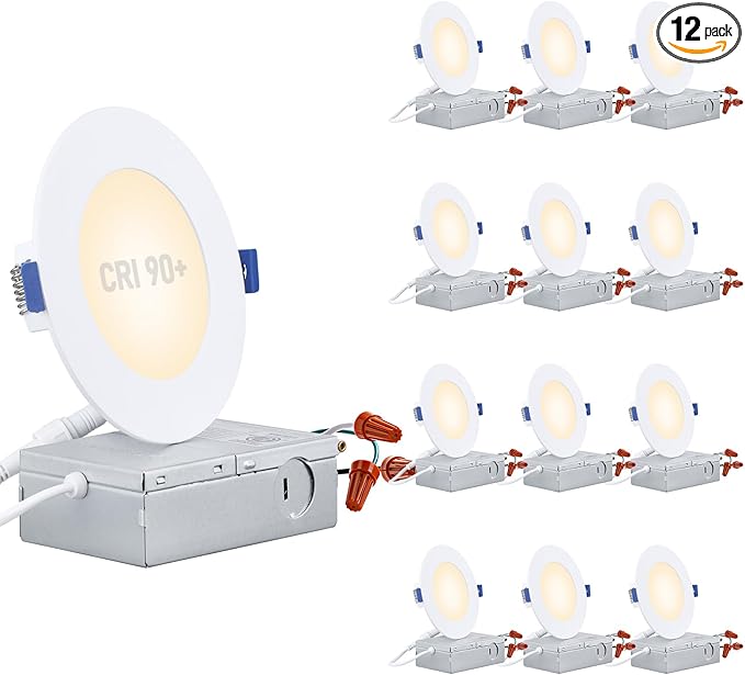 TORCHSTAR Basic Series 12-Pack 4 Inch Ultra-Thin LED Recessed Lighting with Junction Box, CRI90, Aluminum, 3000K Warm White, 5%-100% Dimmable Slim Recessed Downlight, 9W 800LM, ETL and Energy Star
