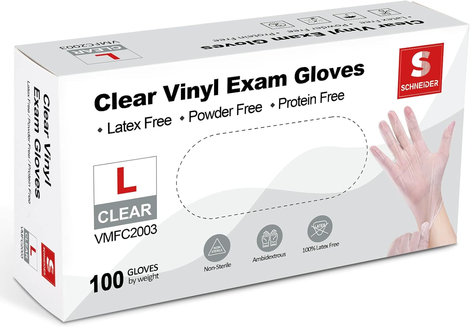 Schneider Clear Vinyl Exam Gloves, Latex-Free, Disposable Medical Gloves, Cleaning Gloves, Food Safe, Powder-Free, 4 mil