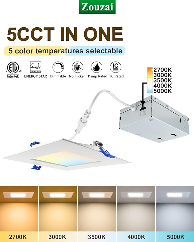 zouzai Square Led Recessed Lighting,5CCT Ultra Thin Square Led Ceiling Light with Junction Box,CRI90,2700K-5000K Selectable,Dimmable Canless Downlight,ETL and Energy Star (White 【12 Pack】, 6 Inch)