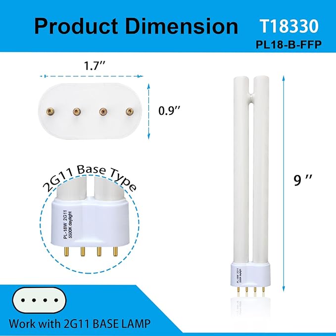 PL18-B 18W Replacement Tube Light Bulb for OttLite T18330 PL18-B-FFP OTL18TCB Fluorescent Light Bulb,Tpye B,Bright Natural Daylight,2G11 Base,930lm,9'' Overall Length 2 Pack
