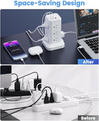 15-in-1 Power Strip Tower with Surge Protector 1800J, Fast Charging Tower PD20W USB-C Ports with 12 AC Outlets, 9.8ft Extension Cord for Home Office Dorm Room, White