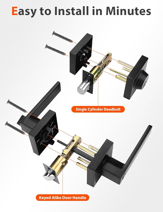 3 Pack Square Keyed Alike Front/Exterior Door Levers with Single Cylinder Deadbolt, Flat Black Entry Door Knob Lock Set with Deadbolt Combination Sets, for Entrance/Front and Office Doors