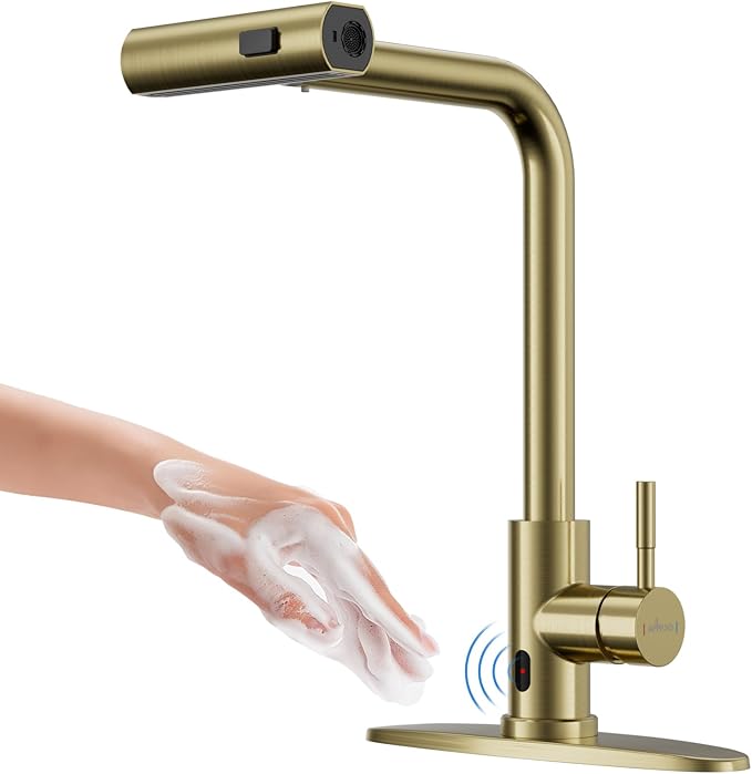 APPASO Gold Touchless Kitchen Faucet with Pull Down Sprayer, Waterfall Motion Sensor Kitchen Sink Faucet with SUS304 Stainless Steel Single Handle Hands-Free Brushed Gold