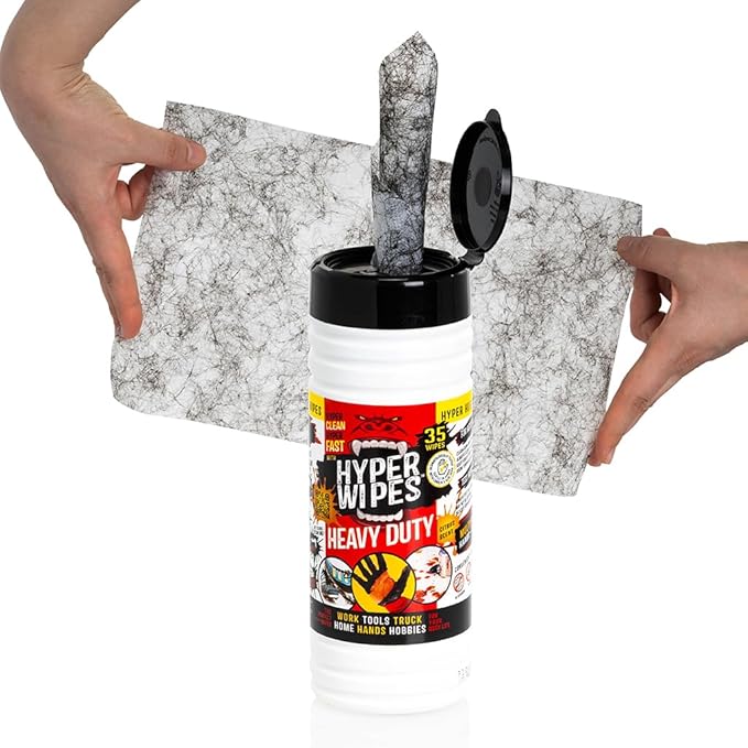 Hyper Wipes, 4 Pack Heavy Duty Hand & Tool Cleaning Wipes, 7"x12" Size Multi-Surface Cleaning Wipes, Degreasing, All Purpose Cleaner, Bathroom, Mechanic, Work Surface Wipes, 140 Count Canister