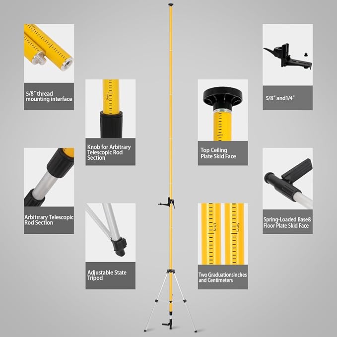 Laser Level Pole with Tripod, Telescoping Laser Level Tripod, 15.7Ft./4.8M with 1/4-Inch by 20-Inch Laser Mount for Rotary and Line Laser Level, 5/8"-11 Adapter Nut Included