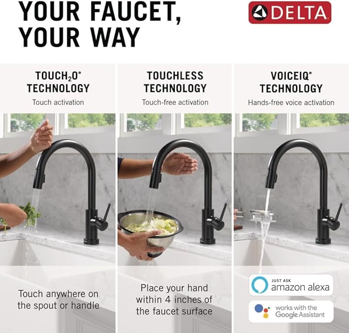 Delta Faucet Trinsic VoiceIQ Touch Kitchen Faucet with Touchless Technology, Black Kitchen Faucet, Smart Faucet, Alexa and Google Assistant Voice Activated, Matte Black 9159TLV-BL-DST