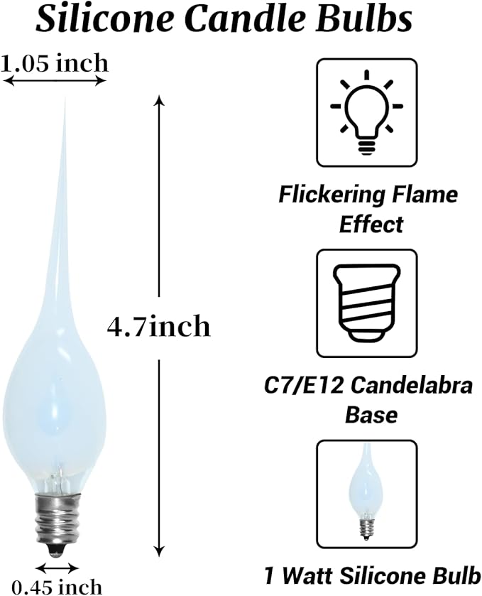 Silicone Dipped Candle Light Bulbs C7 Flickering Flame Bulb E12 Base, Shatterproof Silicone Christmas Light Bulbs for Candle Lamps Electric Window Candles Chandelier Decor, 12 Pack, 1W