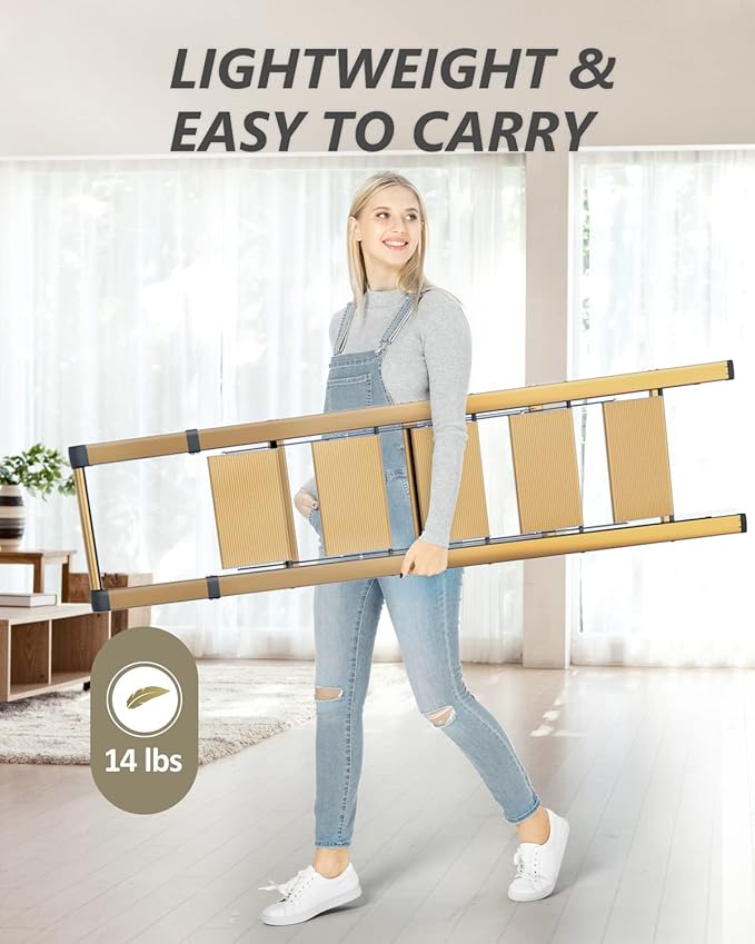 5 Step Ladder, Folding Step Stool, Lightweight Aluminum Foldable Ladder for 10 Foot High Ceiling with Anti-Slip Wide Sturdy Pedal and Handgrip, Multi-Use for Home (300 lbs Capacity) - Champagne Gold