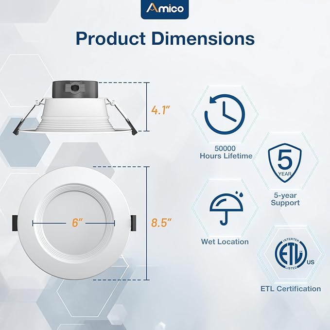 Amico 6 Inch Commercial LED Recessed Downlight, 12W/17W/22W Adjustable, 5CCT (2700K-5000K), 120-277V, CRI 90+, 0-10V Dimmable, Canless Ceiling Light, ETL & FCC Certified