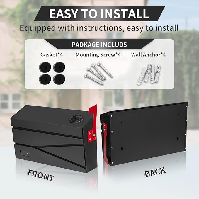 Wall Mount Mailbox, Large Capacity Mailbox for House, with Flag, Visibility Galvanized Steel Rust-Proof Metal Post Drop Box, Mailboxes for Outside, 15.74"×9.84"×4.33" Solar Lanterns Black