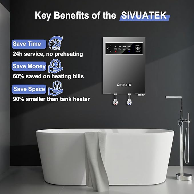 14kW Tankless Water Heater Electric, SIVUATEK 240V Instant On-Demand Hot Water Heater, 2 Point of Use, Self-Modulating, ETL Certified, Endless Water Supply for Home