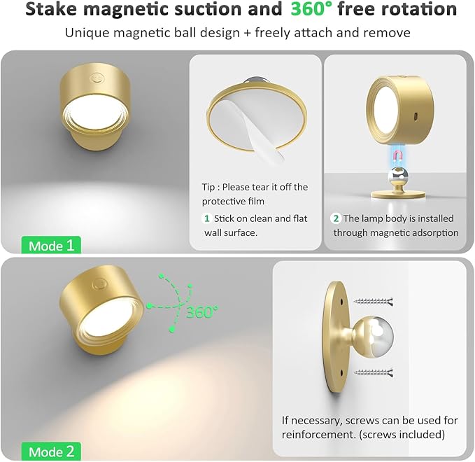 LED Wall Lights, Wall Lamp 3 Color Temperatures & Dimmable Magnetic 360° Rotation with Remote, Wall Sconces 2 Pcs with 3000mAh Rechargeable Battery, Cordless Wall Light for Reading Bedside Hallway