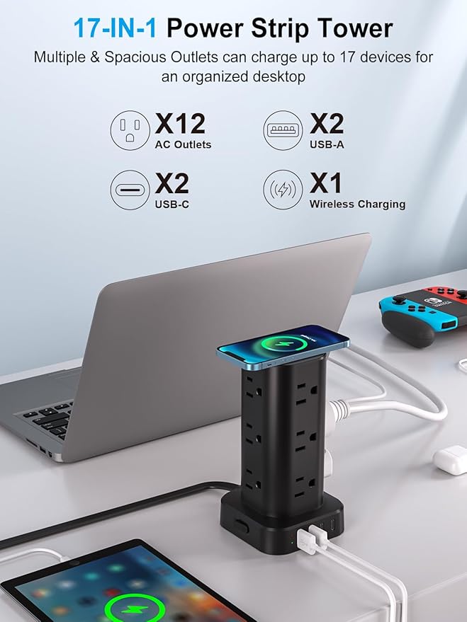 Power Strip Tower with Wireless Charger, Flat Plug Surge Protector Tower with 10FT Extension Cord, 12 AC Multiple Outlets, 4 USB (2 USB C),15W Wireless Charging Power Tower for Home Office Dorm, Black
