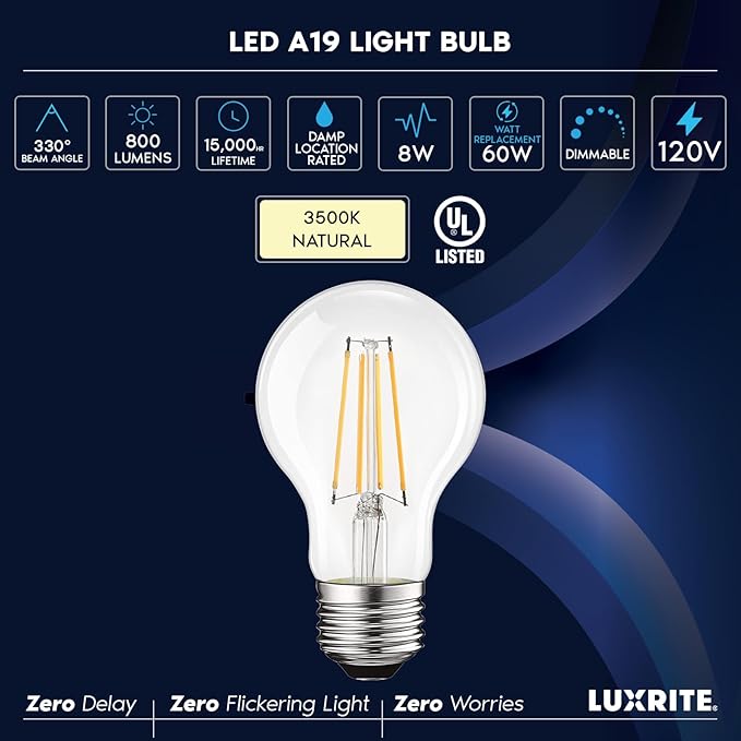 LUXRITE Vintage A19 LED Light Bulbs 60W Equivalent, 3500K Natural White Dimmable, 800 Lumens, Standard LED Edison Bulb 8W, UL Listed, E26 Base (6 Pack)