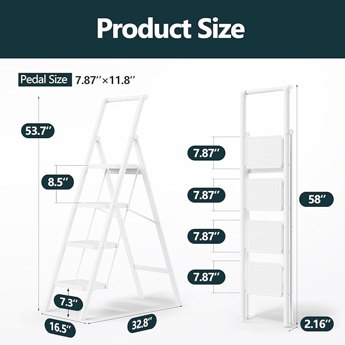 WOA WOA 4 Step Ladder, Foldable Ladder with Wide Pedals and Handle, Sturdy Ladders for Home and Kitchen with Anti-Slip Feet, Supports up to 330 lbs - White