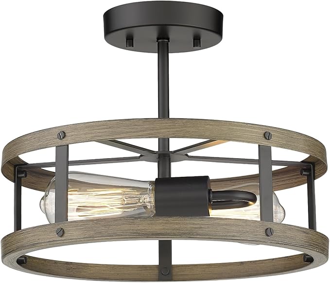 EAPUDUN Farmhouse Ceiling Light, 13'' Imitation Wooden Semi Flush Mount Light Fixture, Retro 2-Light Lamp for Hallway Entryway Bedroom Kitchen Dining Room SMA1139-FBDT