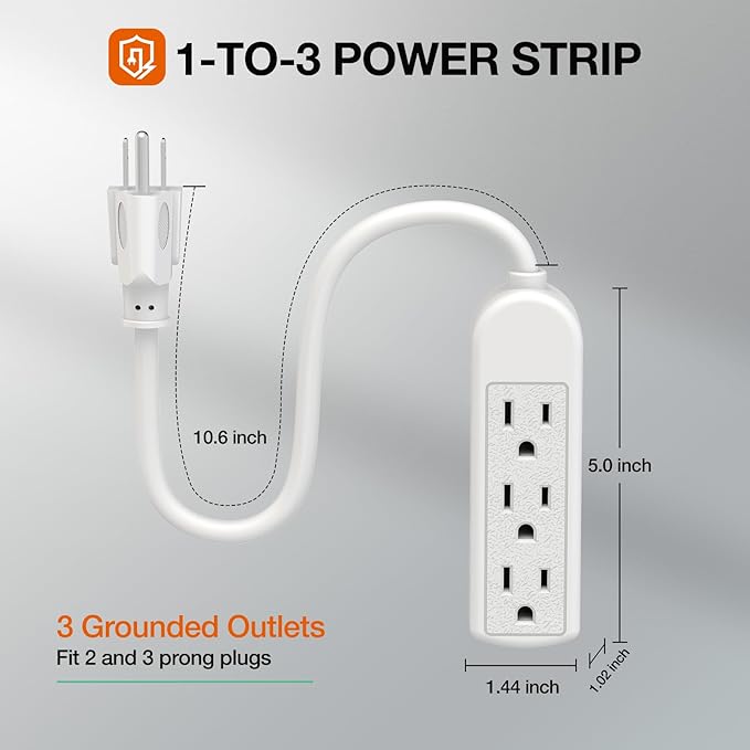 2-Pack Power Strip 3 Prong Outlet - Slim White 3 Grounded Outlets 1ft Heavy Duty Extension Power Cord Power Strip Ideal for Computer/Phone/Home/Office (13A/125V/1625W/ETL Listed)