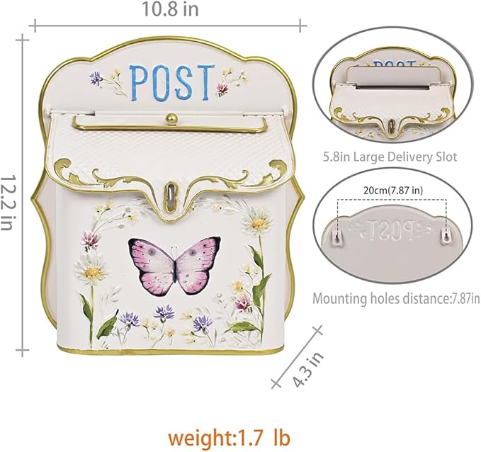 Mailbox Wall Mount Mailboxes for Outside Vintage Mail Boxes for House Outside Metal Drop Box Antique Style Nostalgic Charm Home Decorative Butterfly Pink