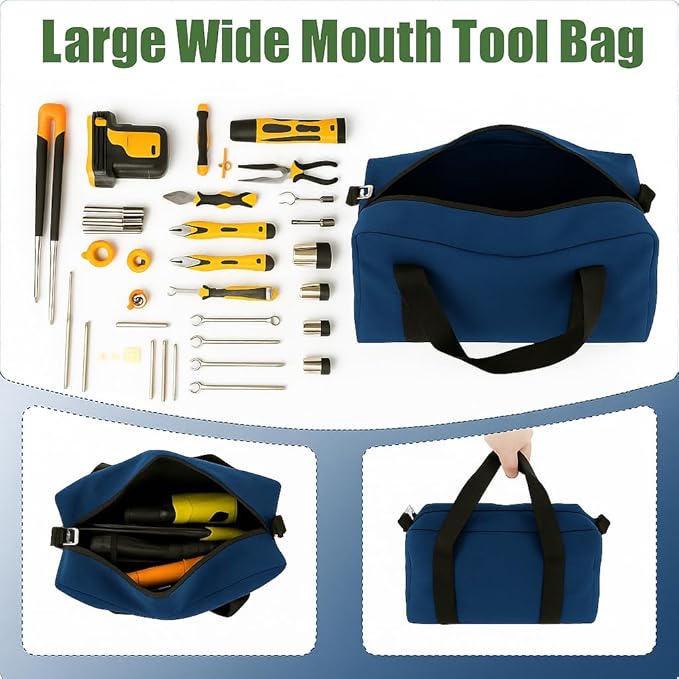 Small Tool Bag,Close Top Wide Mouth Tool Organizer Bag,Large Capacity Tool Bags for Men,Canvas Tool Storage Bag for Storage Handbag for Screwdrivers,Wrench,Pliers Hand Tools (Royal Blue, 18 Inch)