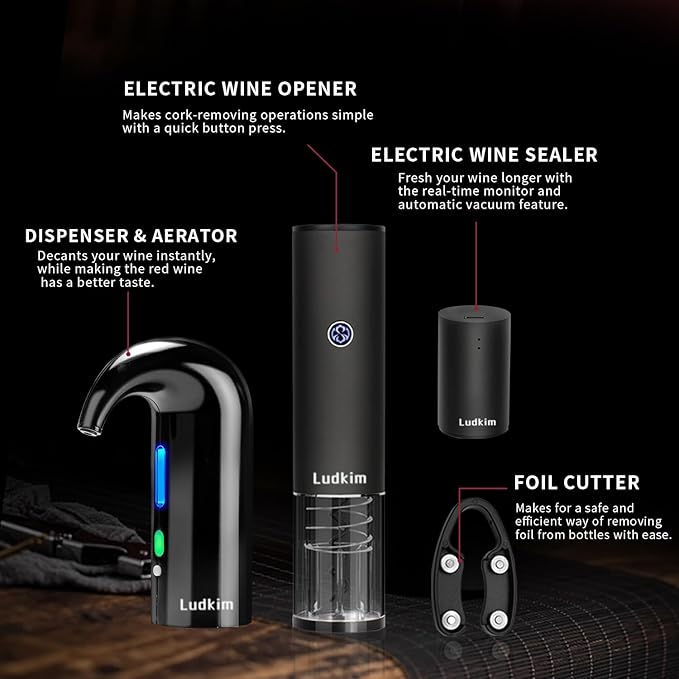 Electric Wine Opener, Rechargeable Wine Gift Set With Electric Wine Aerator Dispenser, Automatic Electric Wine Corkscrew, Automatic Wine Saver Vaccum Pump, Foil Cutter and Gift Box
