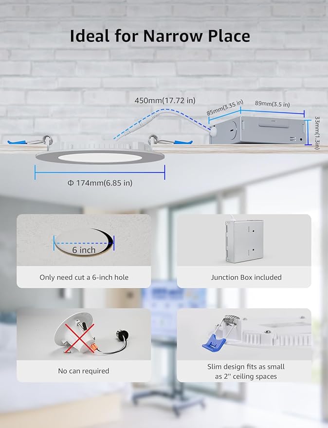 Lepro R2 AI 6 inch LED Recessed Light - Personalized AI Lighting Designer, Dimmable Wafer Lights RGBCW Sync with Music, Smart Canless Downlights Work Alexa & Google Assistant, 12W 1050 Lumen, 2-Pack