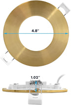 LUXRITE 4 Inch Ultra Thin LED Recessed Light with J-Box, 10W, 5 Color Options 2700K | 3000K | 3500K | 4000K | 5000K, Dimmable Wafer Lights, 750 Lumens, Brass Trim, Energy Star, IC Rated