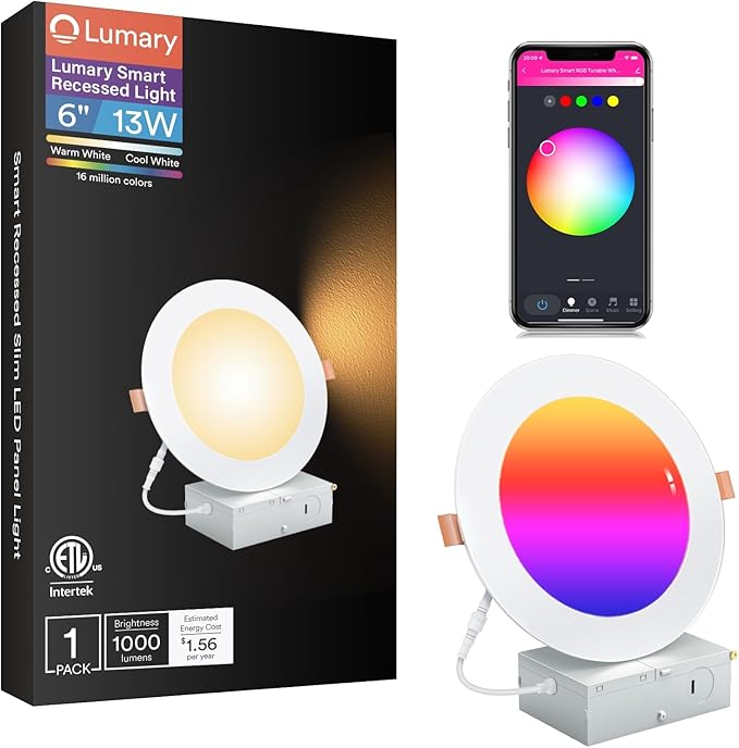 Lumary Smart Recessed Lighting 6 Inch, Color Changing LED Downlight 13W 1000LM, Wi-Fi Bluetooth Soffit Lights with J-Box, Compatible with Alexa/Google Assistant/BT Remote, ETL Listed, 1 Pack