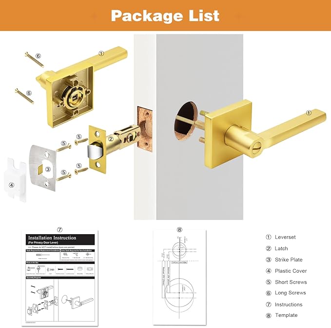Probrico Gold Privacy Door Handle Lockset Heavy Duty Square Satin Brass Interior Door Lever for Bedroom or Bathroom Reversible Keyless Handleset Door Knob Slim Handed Levers, 6 Pack