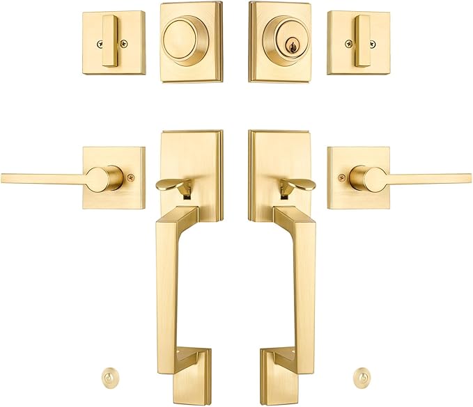 EHOMEWARE Double Front Door Handle Set, 1 Pack Satin Brass Square Door Lever, Exterior Door Knob & Deadbolt Combo, Door Lock Set for Front/Back/Office Doors, Heavy Duty Door Handle