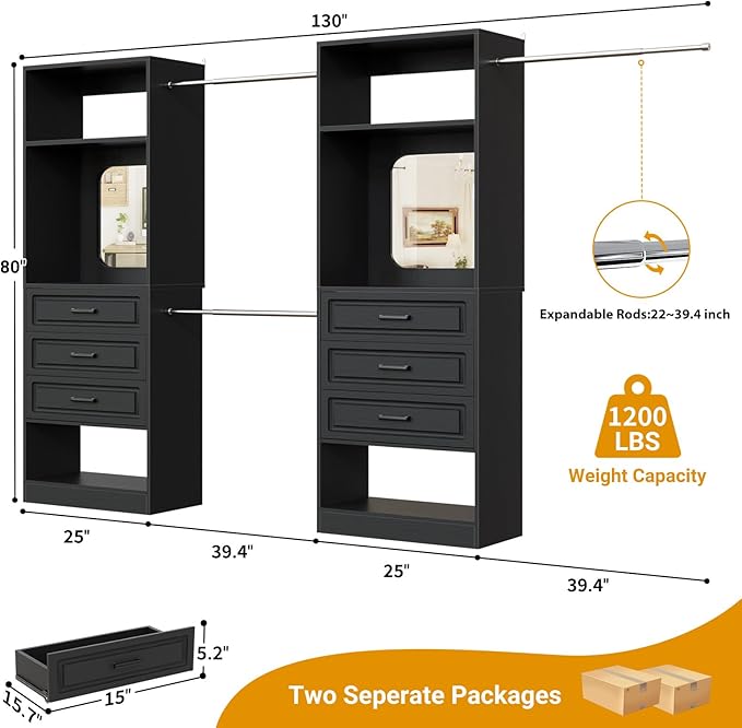 Unikito Closet System with 6 Drawers, 6-14Ft Closet Organizer with Mirror, Walk-in Closet Organizer Wardrobe Clothes Rack with 3 Hanging Rods, Sturdy Wood Clothing Garment Rack with Tower, Black